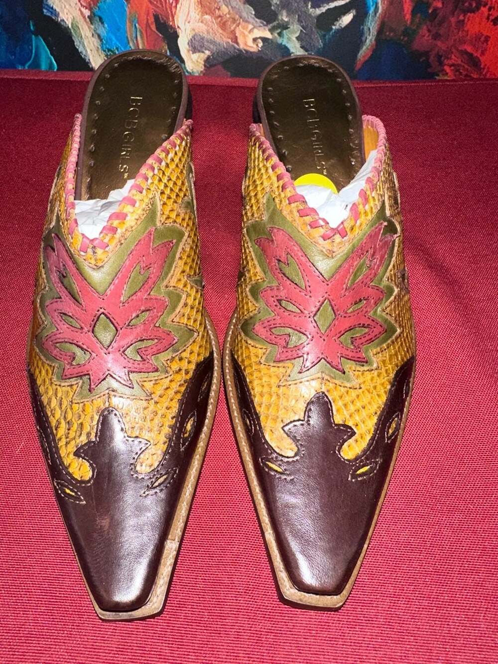 No.09 BCBG Girls Yellow and Brown Leather Mules with Embroidered Floral Design